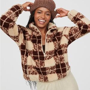 Aerie Offline Fluffy Sherpa Quarter Zip Sweatshirt Canyon Sun Neutral Plaid L